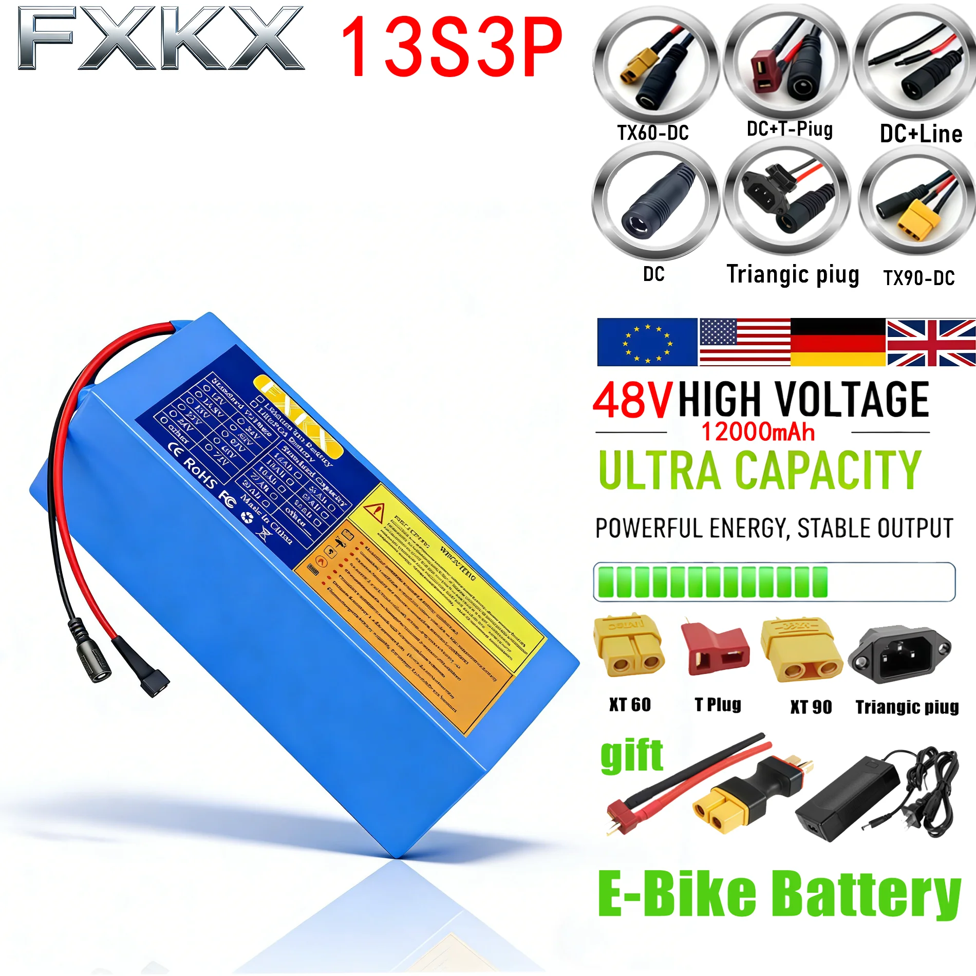 

13S3P 48V 12Ah 18650 высокомощный перезаряжаемый литиевый аккумулятор DC+XT60, используемый для электрических мотоциклов, электросамокатов.
