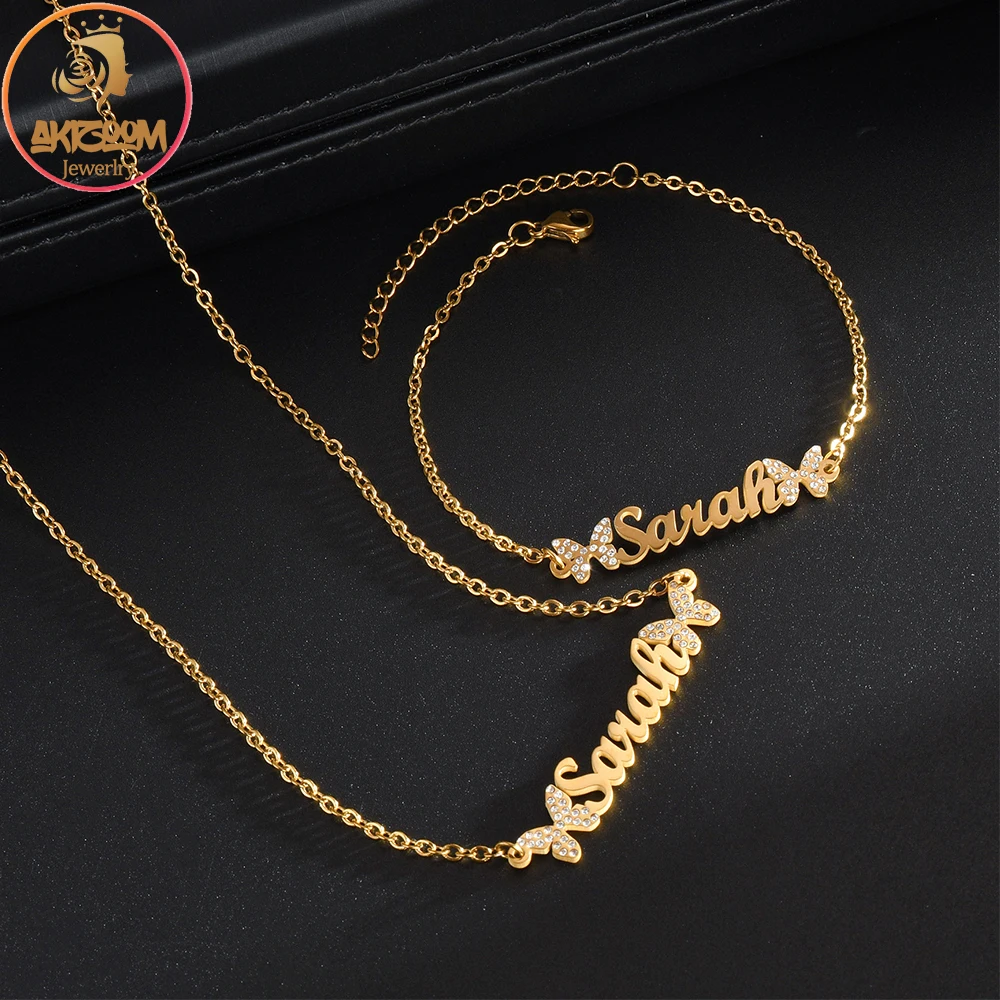 

Custom Name Zircon Stone Butterfly Necklace Bracelet Stainless Steel Personalized Baby Jewelry Set for Woman Kids Birthday Gift
