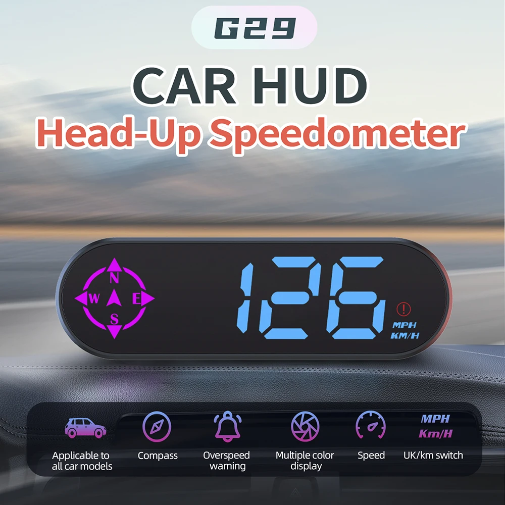 G29 GPS Car HUD Head Up Display Multiplecolor LED Digital Speedometer KMH MPH Compass Clock Overspeed Alarm For Car Truck SUV RV
