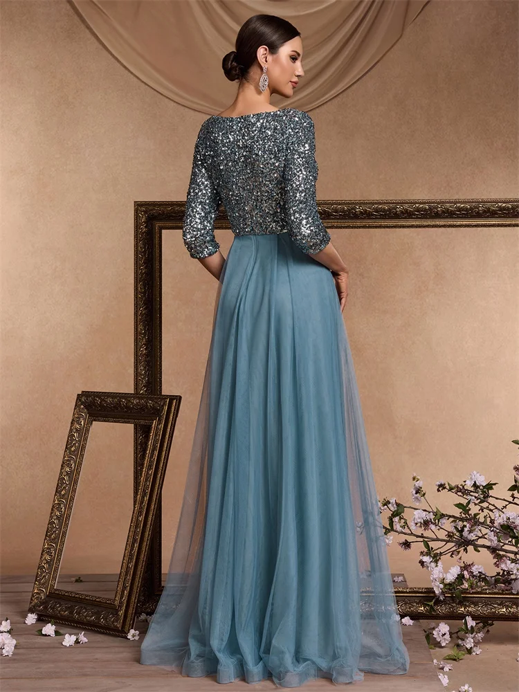 Lucyinlove Luxury Floor Length V-Neck Tulle Splicing Evening Dress Women Elegant Party Maxi Sequins Short Sleeves Cocktail Gown