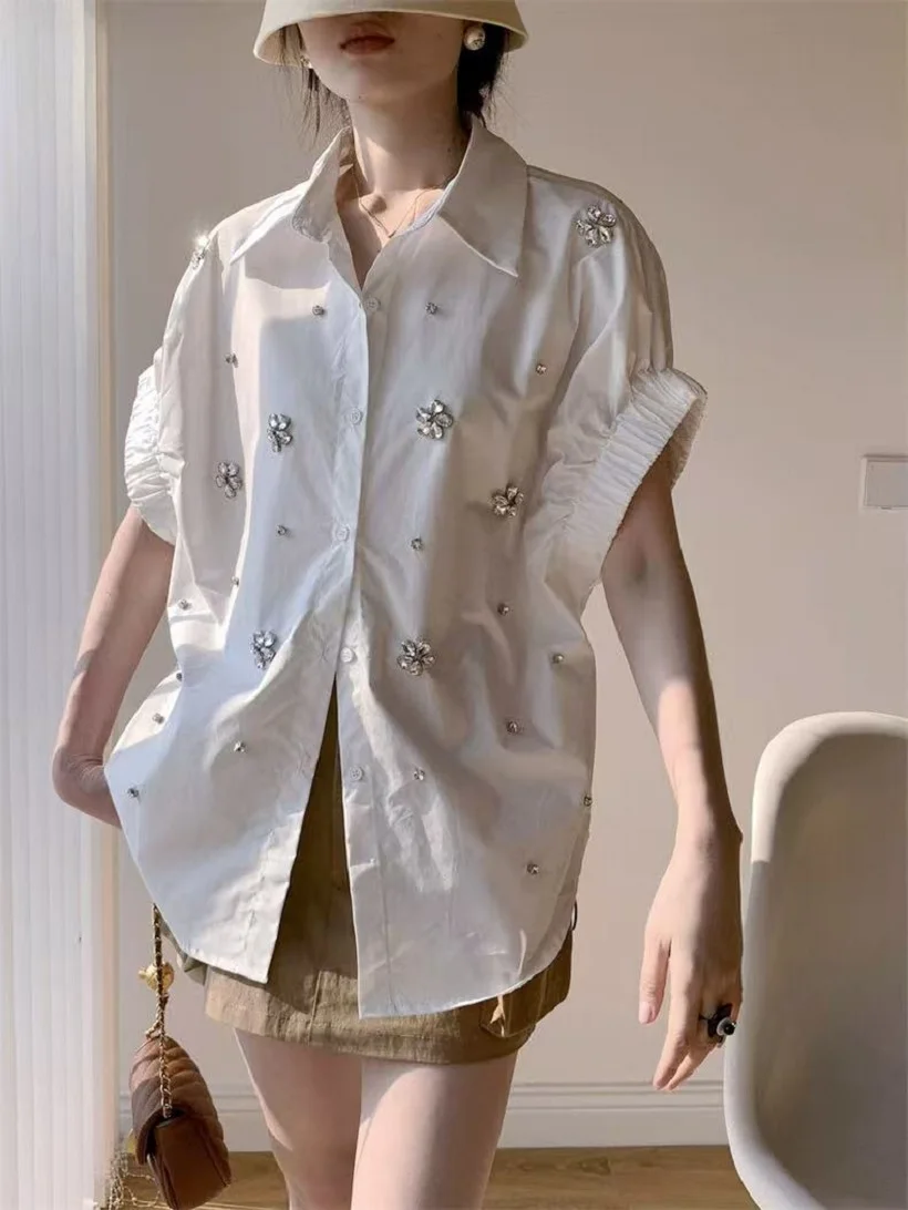 Luxury Design Sparkle Diamonds Embroidery Cotton Short Sleeve Blouses Shirts Women 2025 Spring Summer New Fashion Trend Tops - Image 3
