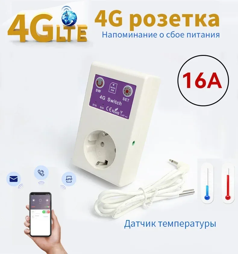 

Розетка переключателя управления SIM-картой SC1-WLTE-4G 16A SMS Интеллектуальная розетка Контроллер Розетка ЕС Интеллектуальный датчик температуры