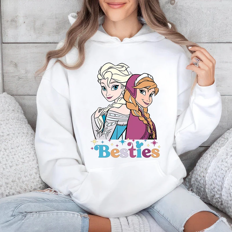 Disney Besties Princess Elsa Princess Anna Printed Women's Hoodie Autumn Winter Casual Sweater Loose Top