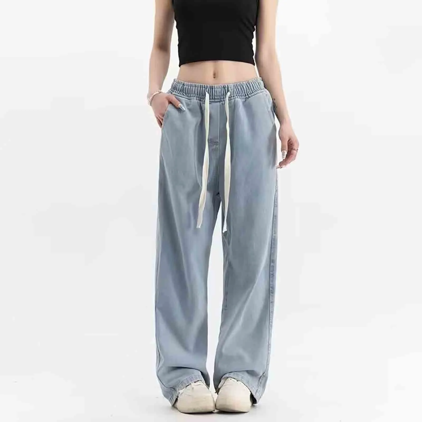 Vintage Wide Leg Jeans Women Low Waist Drawstring Loose Full Length Straight Wash Denim Pants Korean Style Female Floor Trousers