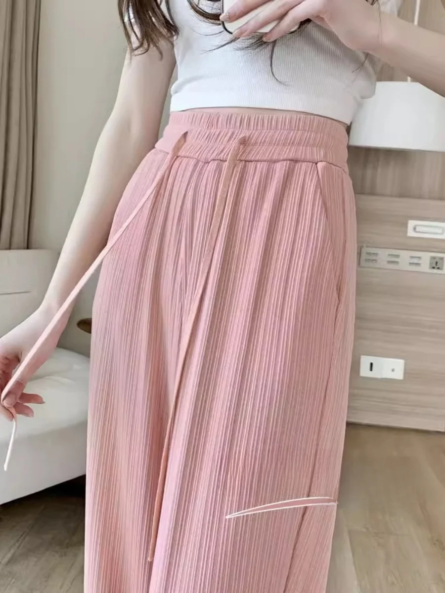 Pantalon taille haute en soie glacée pour femmes, jambes larges, coupe droite fine, Protection solaire, Cool, longueur au sol, été