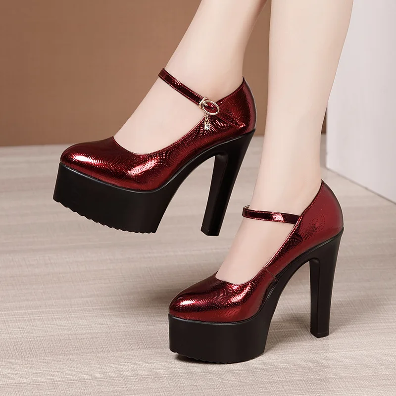 Lady Pumps Pointed Toe Office Work Shoes Buckle Strap Platform High Heels Women Shoes Four Season Patent Leather Shoes Size32-43