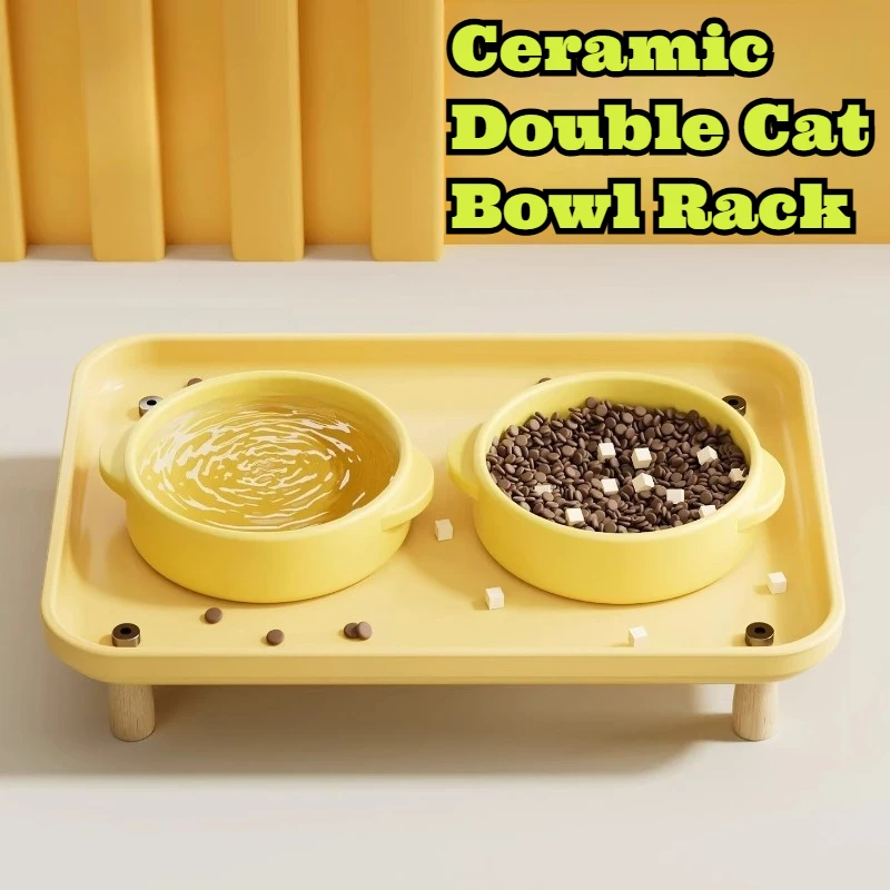 

Ceramic Double Cat Bowl Stand Raised Pet Food Dish Anti Spill Water Feeder Neck Support Bowls Cats Dogs Slow Eating Tool Home