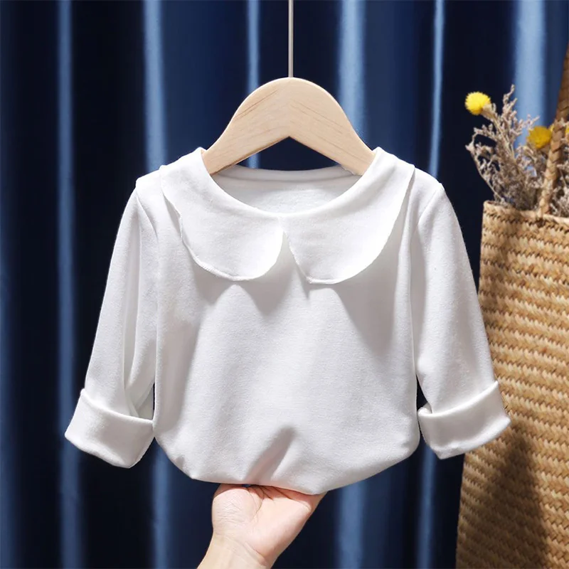 

Fashion Doll Collar Solid Color Bottoming Shirt Spring Autumn Girls Clothes Patchwork Ruffles Long Sleeve Pullover White Blouse