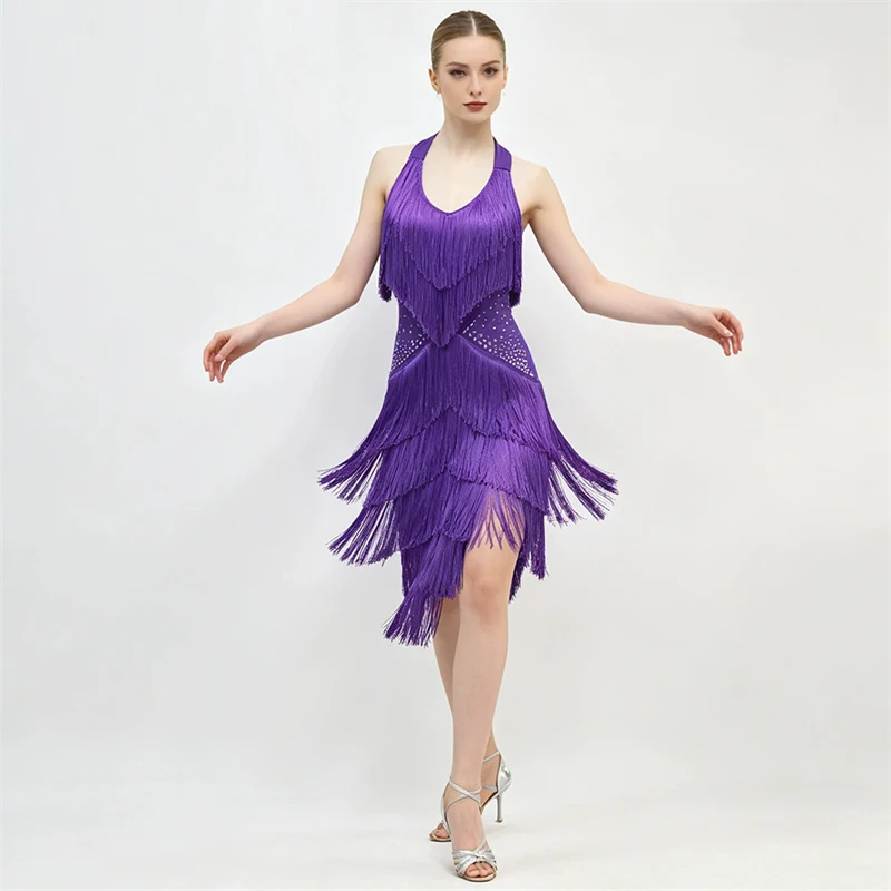 Damen Latein Tanzkleid Lila Quasten Strass Tanzkostüm Samba Tango Cha Cha Wettbewerb Bühnenauftritt Tanzkleidung 2026 – Detail 5