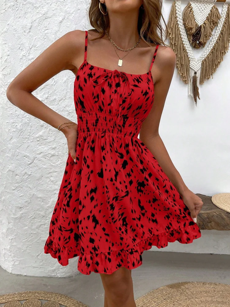 Abito con volant con cinturino per spaghetti con stampa leopardata da donna nuova estate casual, mini abiti da donna sexy, vestito estivo corto Boho a-line per le vacanze