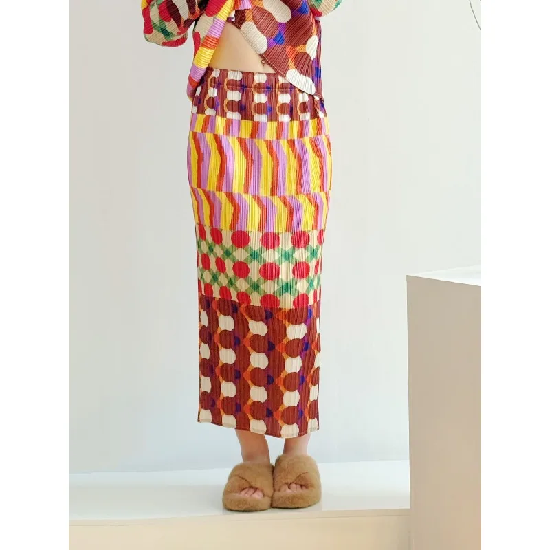 Miyake Pleated Printed Skirt Women 2026 Summer Retro Color-Block Geometric Plaid Polka Dot High-Waisted Straight Length Skirt