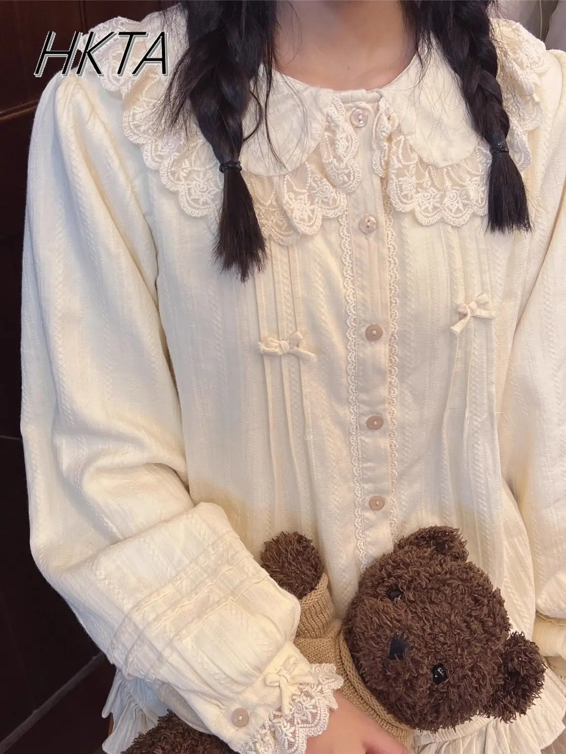 

Lolita Cotton Doll Collar Long Sleeve Blouse Women Summer Sweet Cute Lace Stitching Shirt Kawaii Ruffle Edge White Blusas Top