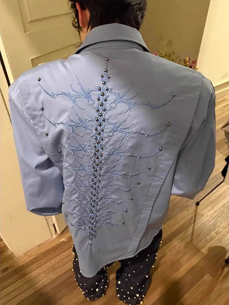 Csa Masculina Azul Bordada de Manga Longa Design Cleanfit Primavera com Costura de Rebite Olho de  Casual Ajuste Solto