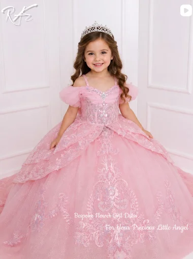 Pink Off‑Shoulder 3D Floral Rhinestone Glitter Tulle Flower Girl Dress For Wedding Birthday Pageant Princess Gown Customized