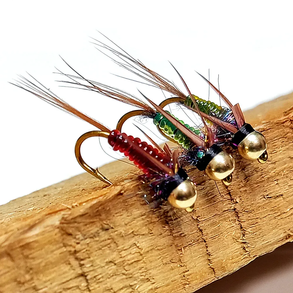 

15pcs Fast Sinking Nymph Scud Flies Brass Copper Bead Head Fly Fishing Lure for Walleye, Trout, and Bass