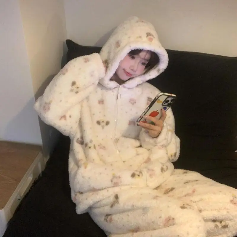 

Pajama Set Comfortable Sleepwear Cartoon Print Pajamas Women Winter 2025 New Fleece Lined Thick Long Sleeve Long Pants Thickened