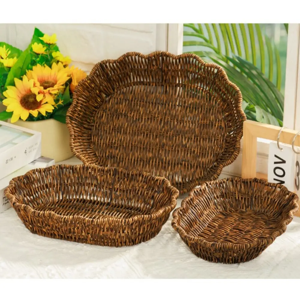 Multistyles Nachahmung Rattan Obstteller Retro Woven Handheld Lagerung Rattan Gewebt Tee Tablett Picknick Snacks Diverse Körbe