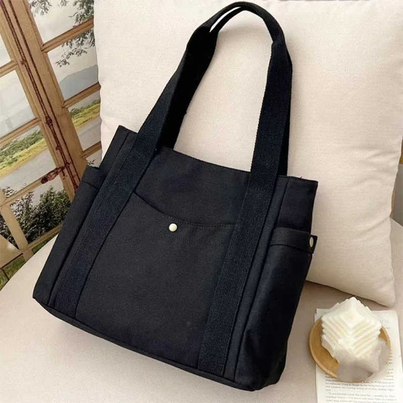 Canvas Commuter Women\'s Bag Large Capacity Multi Outer Pocket Zip Shoulder Bag Student Shopping Tote Bag