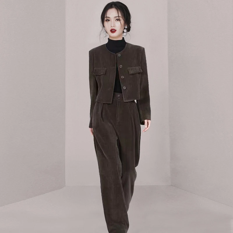 

High Quality Winter Corduroy Trousers Set New Elegant Women O Neck Single Breasted Short Coat + Wide Leg Pants Two Piece Set