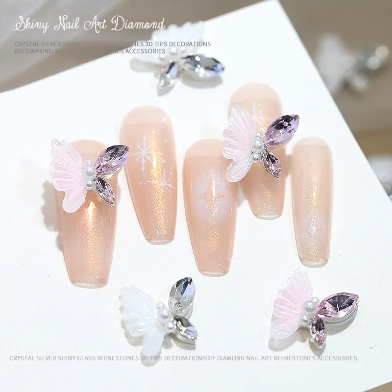 5 Stück glänzende Spleiß Schmetterling rosa weiß Marquise Diamant Flügel Perle Körper Legierung Nail Art Strass Dekorationen Maniküre Charms