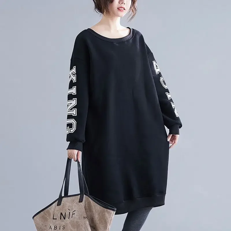 

Autumn and Winter Women's Solid Round Neck Pullover Long Sleeve Loose Printing Letter Fashion Casual LongSincere Wei Yi Skirt