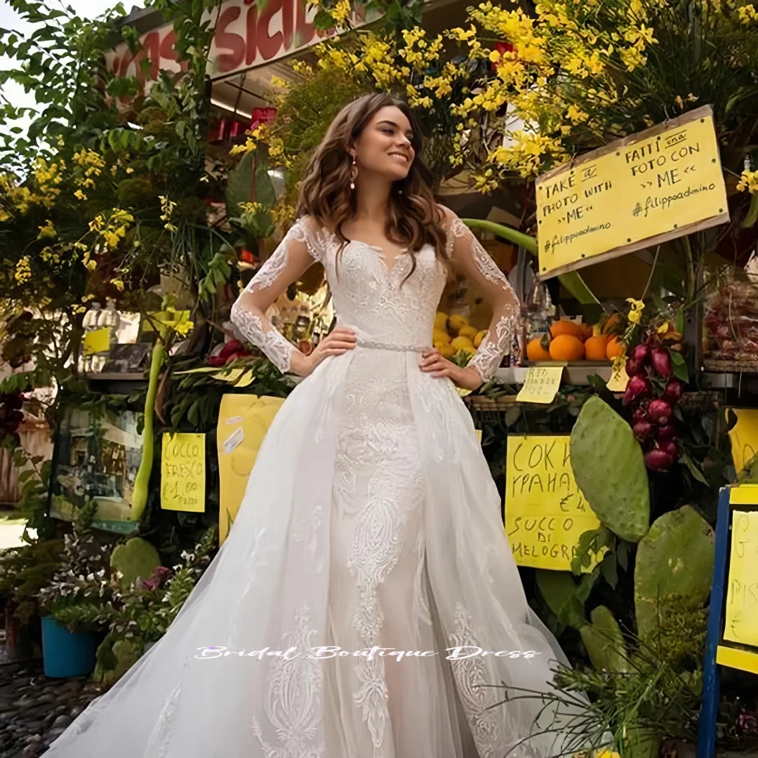 Personalizado 2026 elegância sereia vestidos de noiva o pescoço manga longa renda vestido de casamento de alta qualidade vestidos de noiva princesa