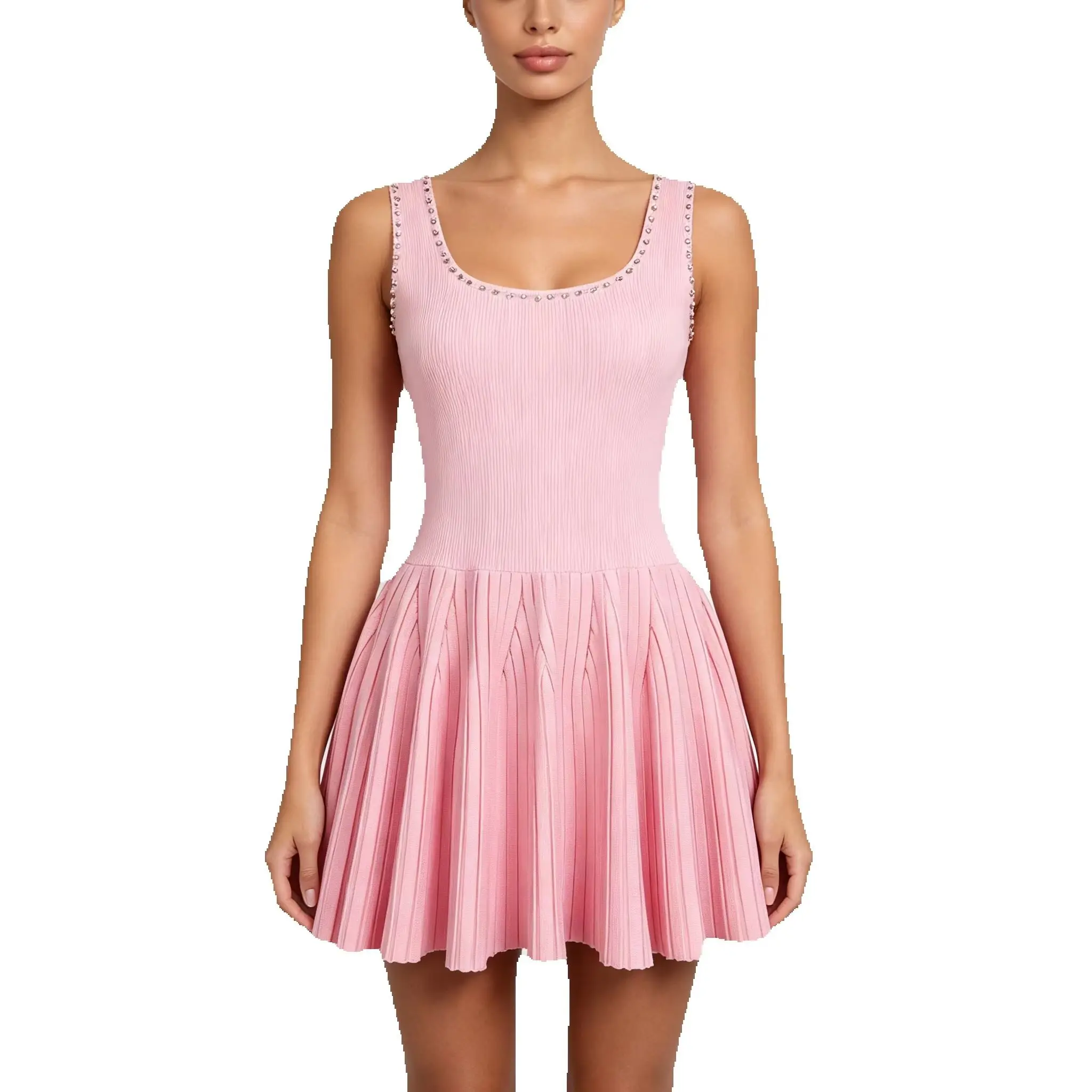 

High-End Quality Summer New Style Elegant Fashion Slim-Fitting Beaded Square-Neck Sleeveless Women's Short Knitted Dress
