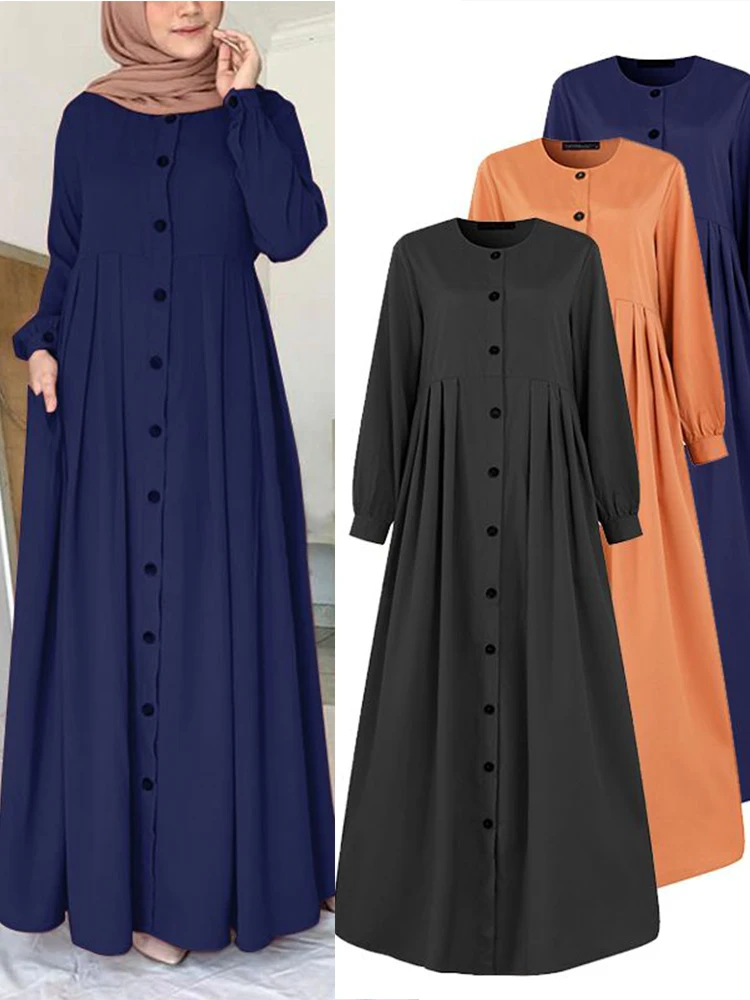 Women Muslim Dubai Abaya Turkey Hijab Dress Turkey Autumn Long Sleeve Buttons Down Sundress Islam Clothing Abayas Maxi Vestidos