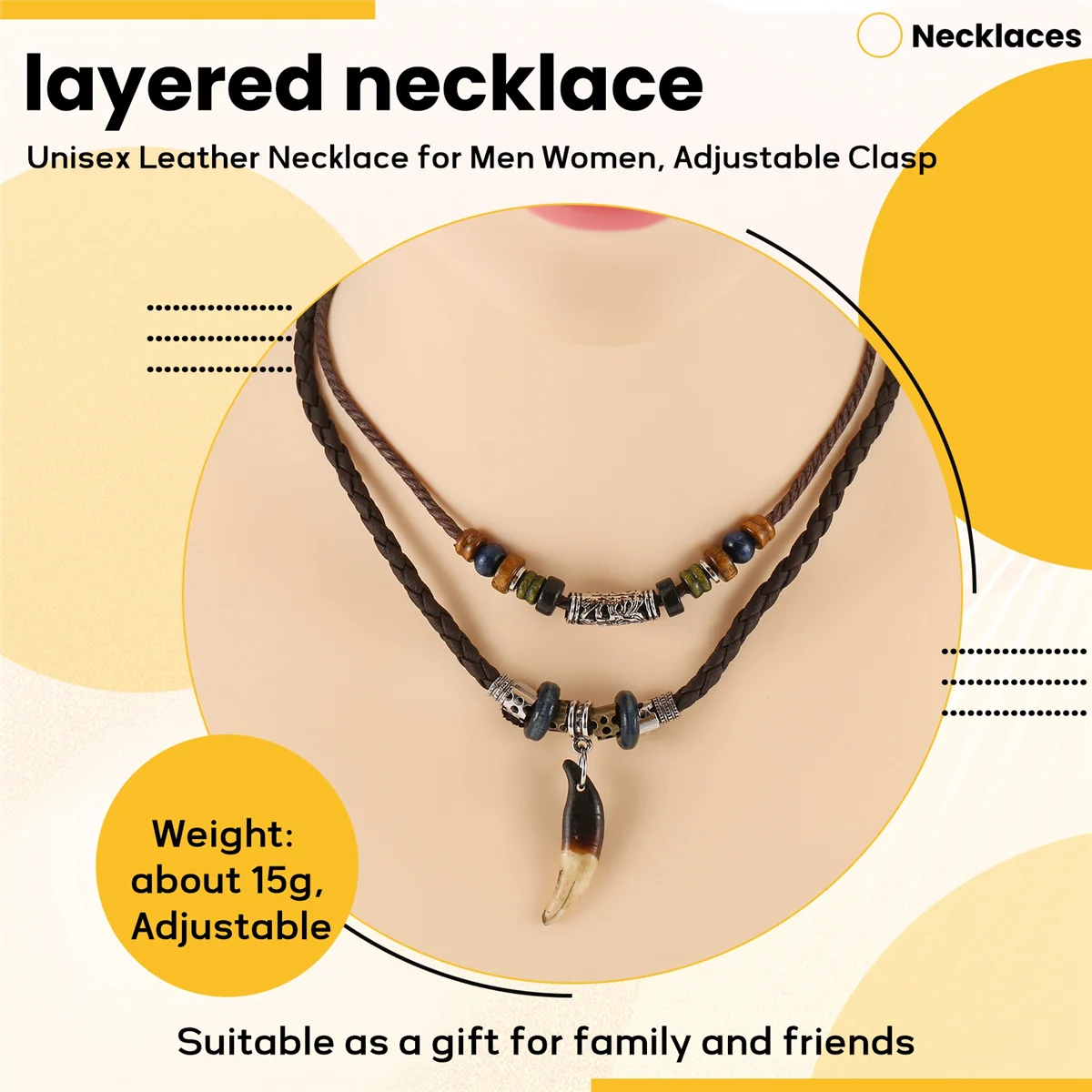 ABQR Leather Necklace for Women and Men Vintage Bohemian Style Ethnic Beads Choker Braided Adjustable Double Layers