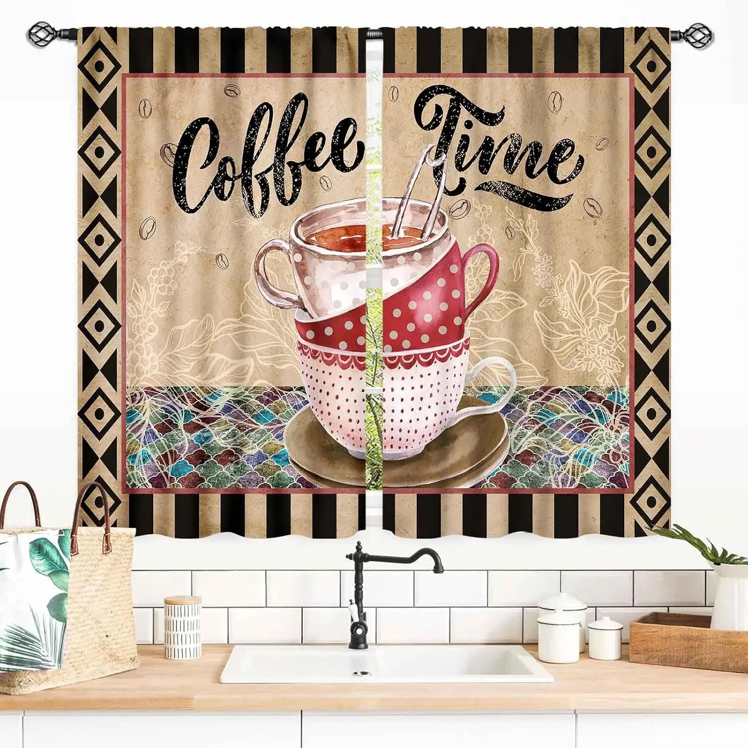 Vintage Coffee Time Cup Kitchen Curtains, Strip Rhombus Frame Mosaic Tile Print Window Drapes for Cafe Coffee Bar Decor