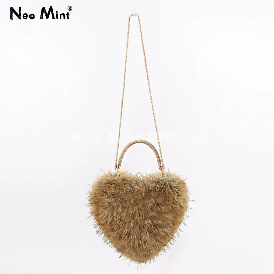 Neo Mint Luxury Faux Raccoon Fur Heart Bags Ladies Elegant Night Event Party Handbag Women Winter Fuzzy Shoulder Crossbody Bags