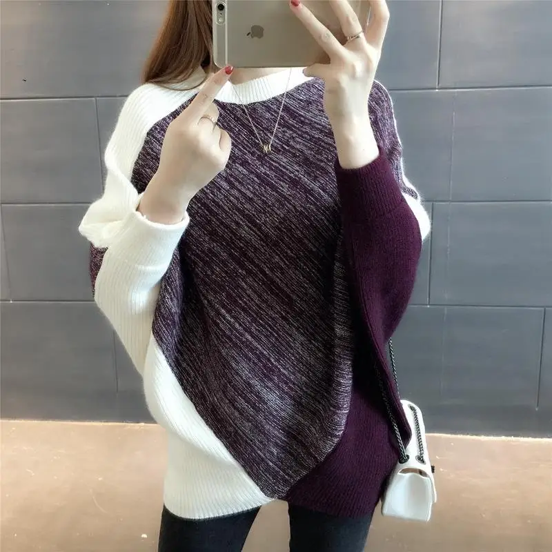 Fashion Spliced Asymmetrical Batwing Sleeve Sweater Women\'s Clothing 2023 Spring New Casual Pullovers All-match Irregular Tops