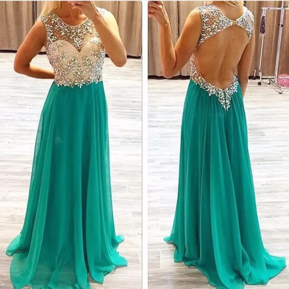 

New Sexy Hunter Sheer Chiffon Long Prom Dresses Beaded Rhinestones Top Backless Floor Length Party Evening Dresses