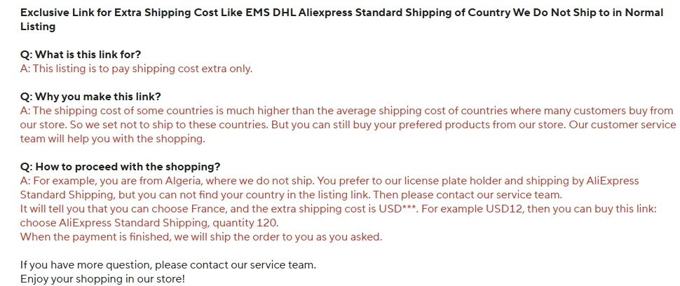 Exclusive Link for Extra Shipping Cost Like EMS DHL AE Standard Shipping of Country We Do Not Ship to in Normal Listing