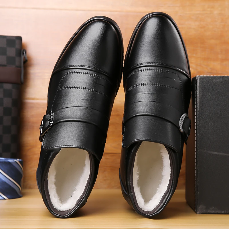 

Men Black Cotton Boots Winter Warmth Business Casual Belt Buckle Fashionable Short Boots (38-48)