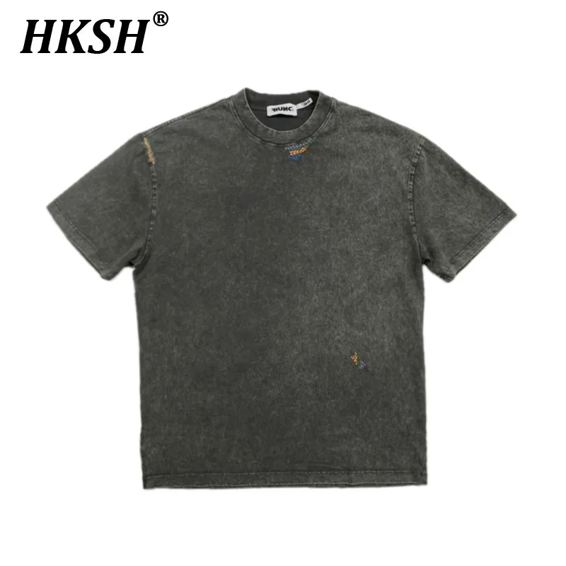 HKSH Men's Tide Niche Original Cotton Short Sleeve Vintage Tie Dyed T-shirts Summer New Handmade Contrasting Lines Tees HK1591