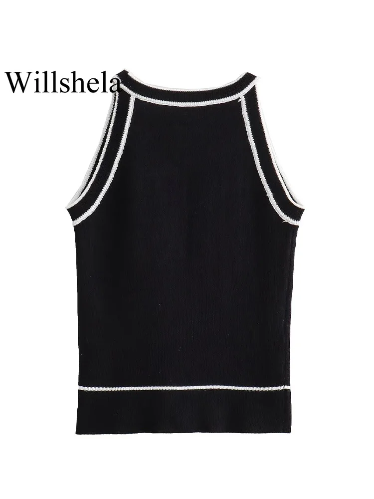 Willshela Women Fashion Black Knitted Sweater Vest Vintage O-Neck Sleeveless Female Chic Lady Tank Tops