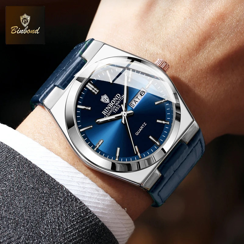 BINBOND New Authentic Youth Men's Quartz Watchwith Fashion Leather Strap Waterproof Luminous Calendar Luxury Business Men Watch