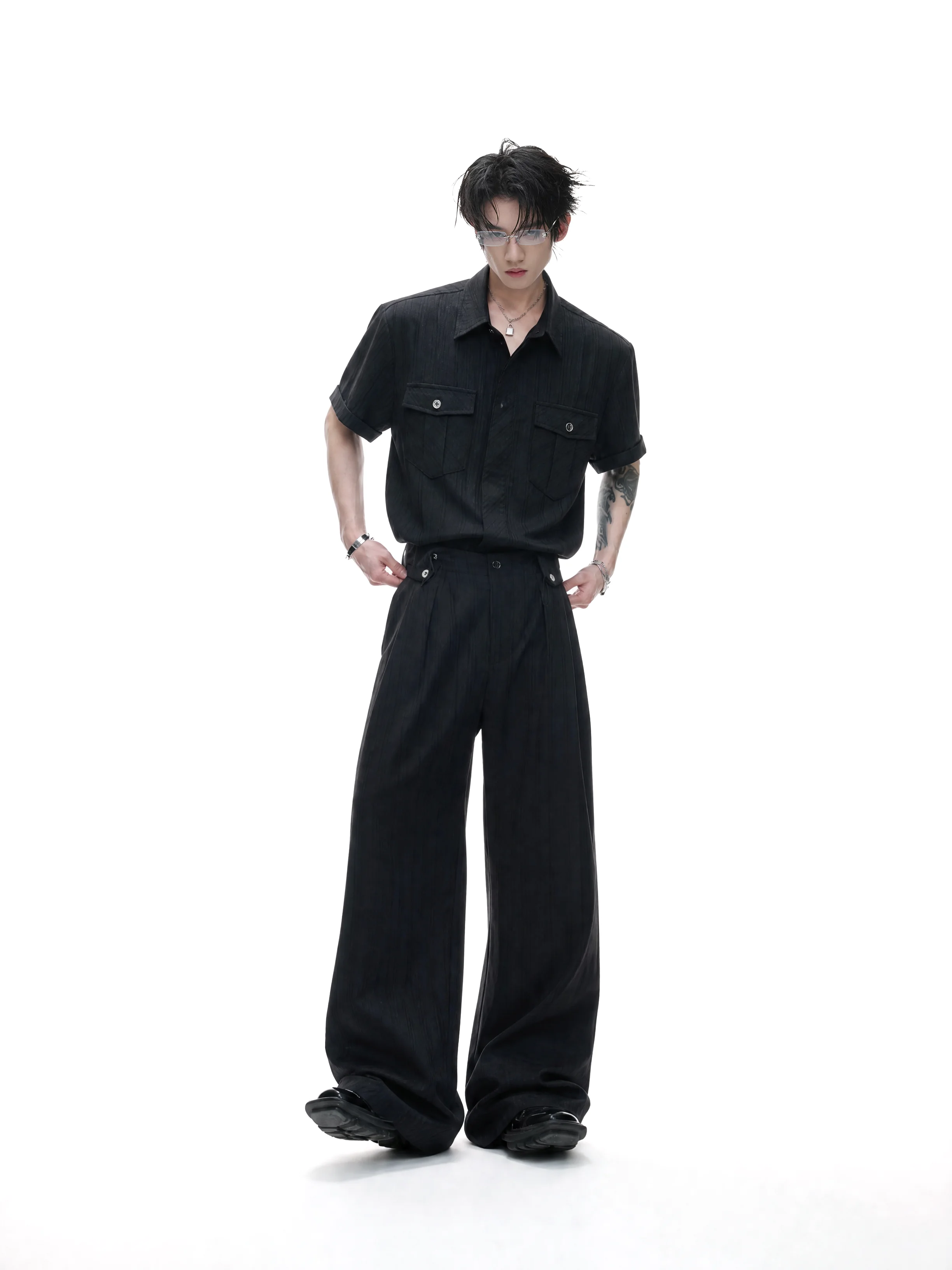 Casual Striped Tie Patchwork Short Sleeve Shirt Loose Pants Shoulder Suit Youth Popular Polyester Cotton Blend Summer Shirt
