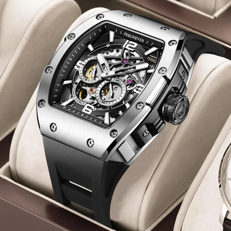 

FeelNever Skeleton Механические мужские часы с сапфировым стеклом Роскошные спортивные силиконовые часы Lume Водонепроницаемые часы с автоматическим механизмом для мужчин