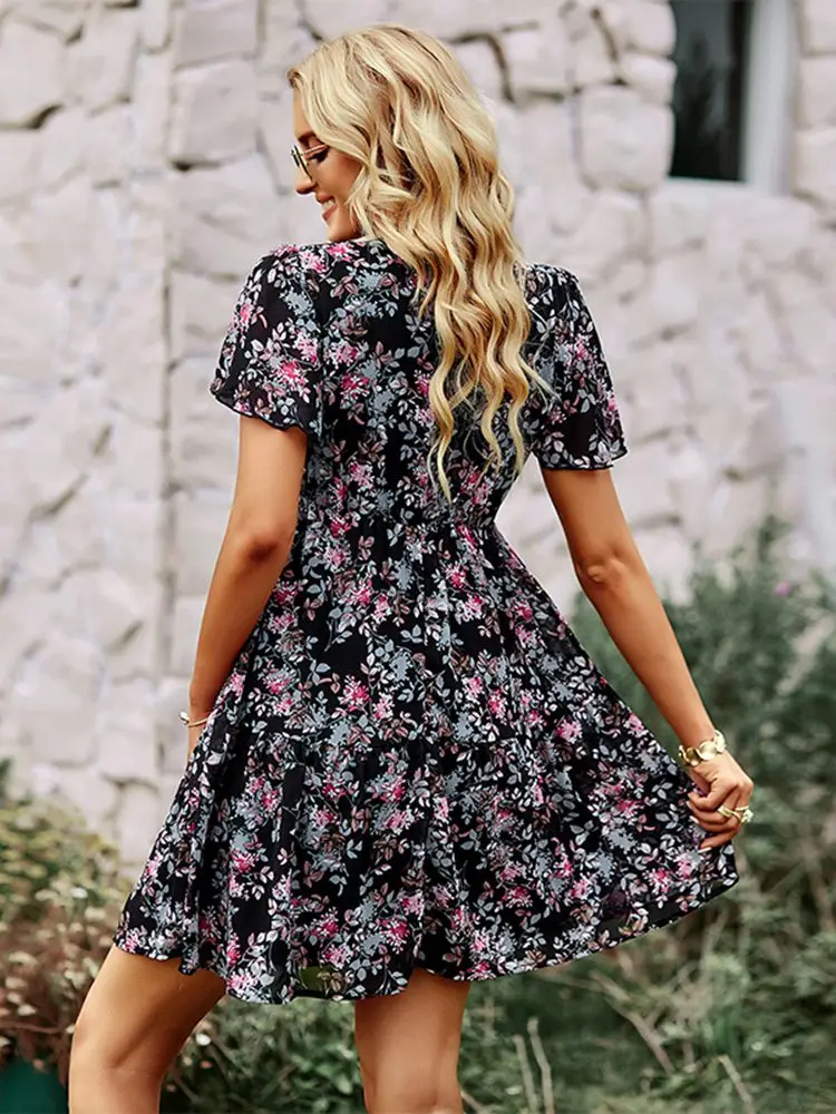 Msfilia-vestido Floral a la moda para mujer, vestidos estampados elegantes holgados de manga corta con cuello en V para primavera y otoño