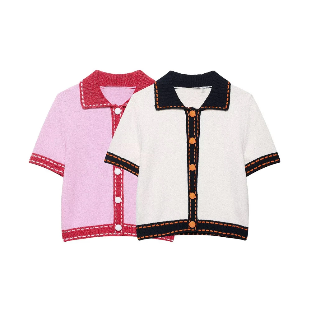 

BMURHMZA women's new casual versatile single breasted lapel contrasting color stitching sweater short sleeved knitted cardigan