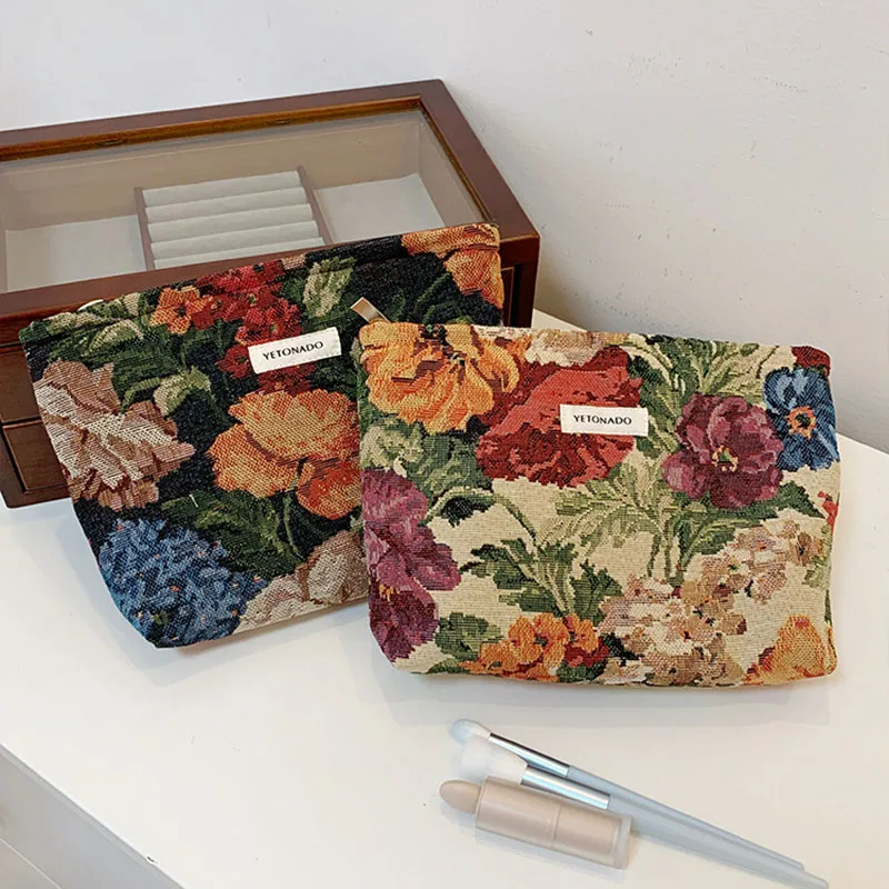 Bolsa de maquillaje de flor de cola de Oriole con fondo negro, bolsa de maquillaje multifuncional con cremallera, estuche de almacenamiento de maquillaje diario, bolsa de aseo portátil