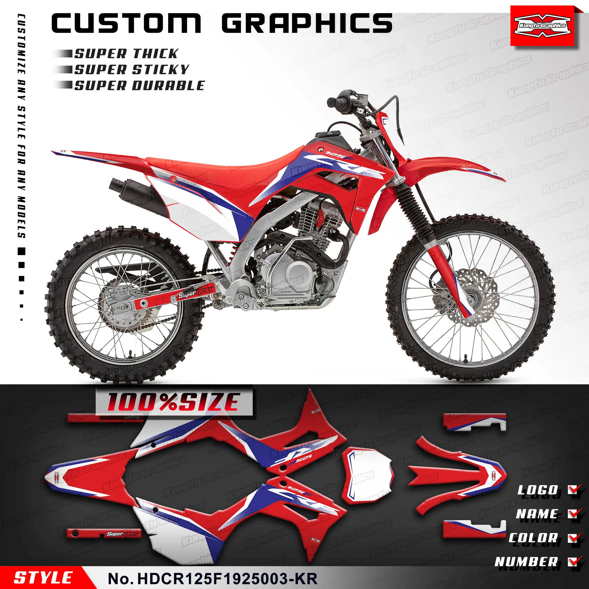 

KUNGFU GRAPHICS Custom Stickers Adhesive Decals for Honda CRF125F 2019 2020 2021 2022 2023 2024 2025, HDCR125F1925003-KR