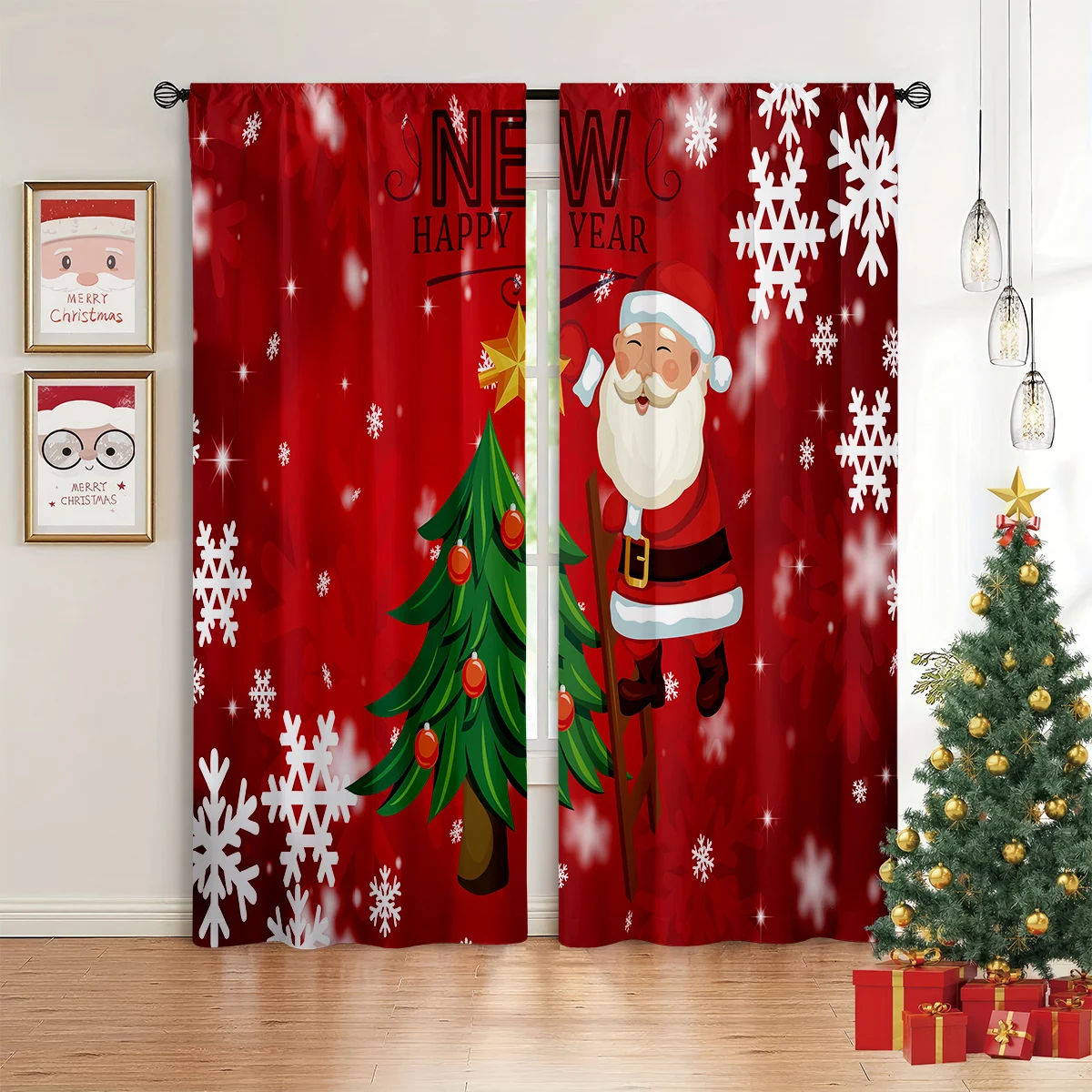 2pcs Curtains With Cute Santa Claus Print, Light-Filtering Decorative Curtains For Christmas Parties, New Year's Gift