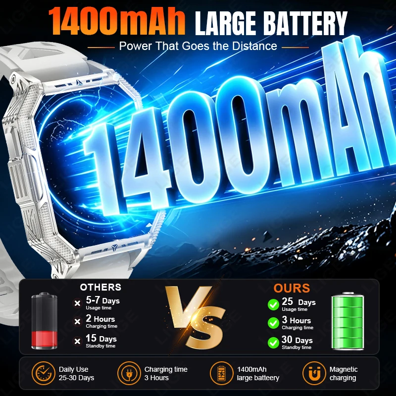 LIGE 2026 Military 1400mAh Battery Flashlight Smart Watch Outdoor Sport Fitness Clock Men 2.04 Inch BT Call Waterproof SmartBand