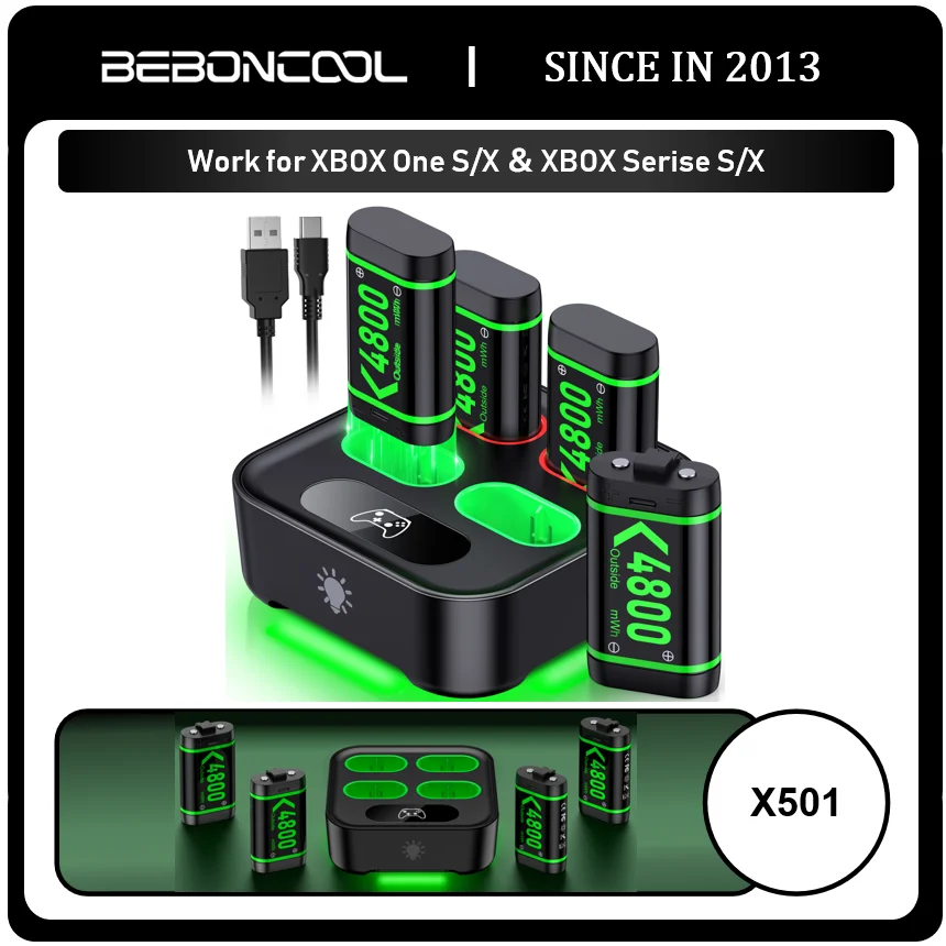 BEBONCOOL X501 2*4800 mWh بطاريات قابلة للشحن حزمة لـ XBOX Serise S/X وXBOX ONE S/X/Elite مع كابل الشحن