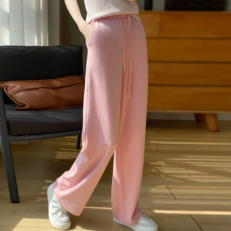 2024 autumn and winter new high waist casual knitted pants women loose solid color slim wide-leg pants worsted wool pants