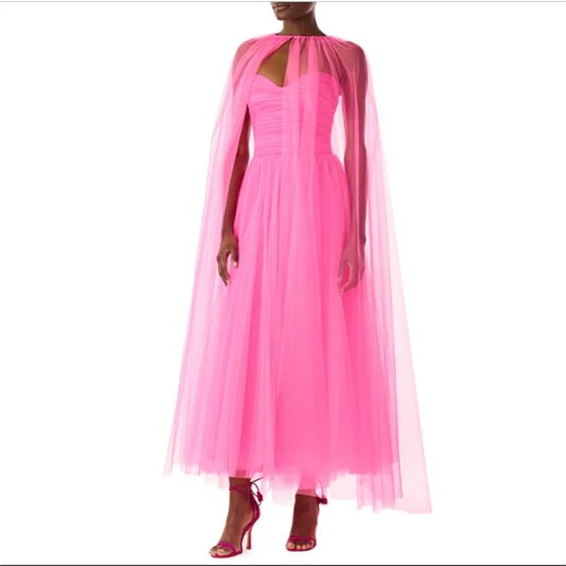 

MULONG Sweetheart Two Piece A Line Women's Ball Gown Tea Lenght Pink Tulle Women's Long Evening Party Dress With Cape New Arri