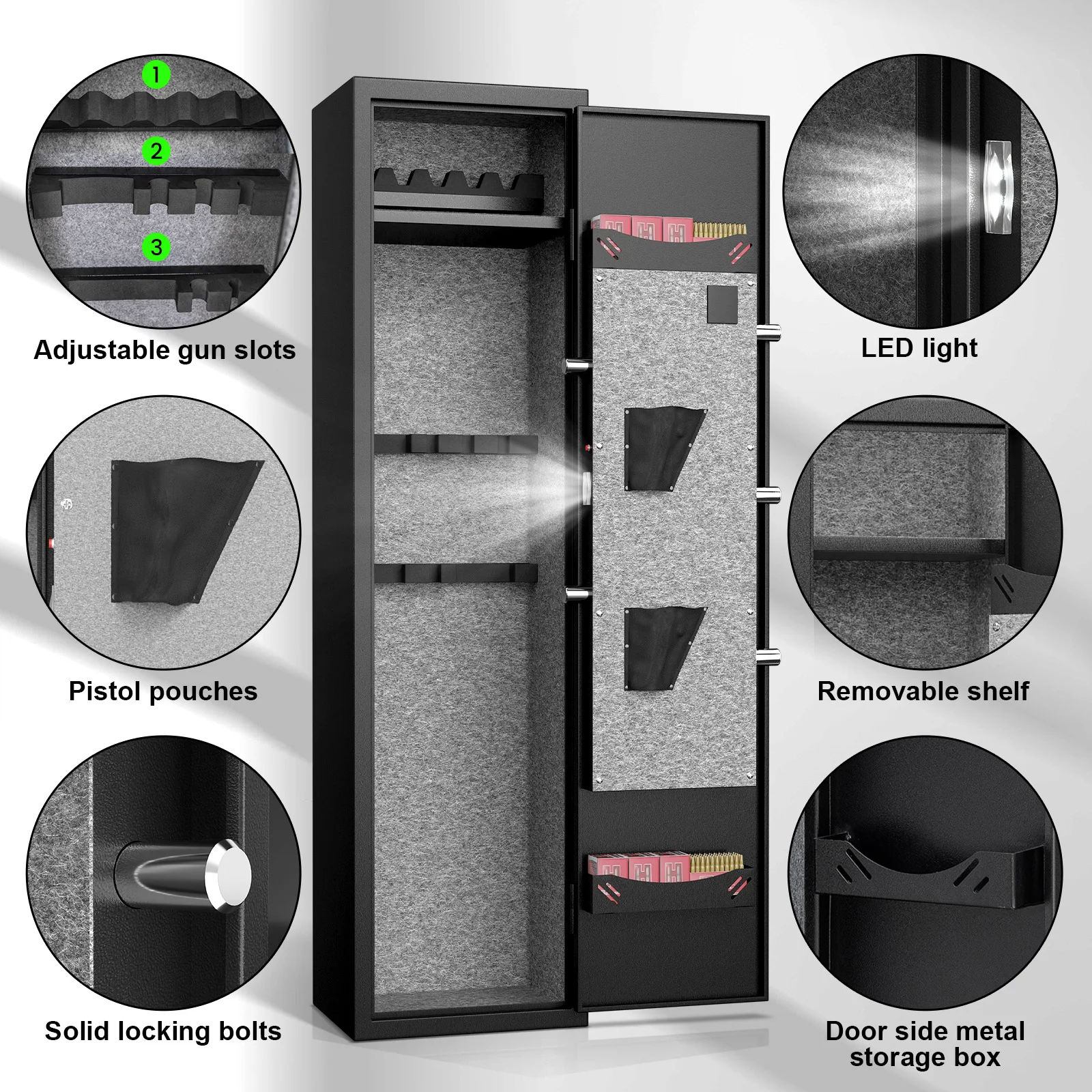 Fingerprint Quick Access Gun Safe with Silent Mode and Alarm System，Gun Cabinet with Removable Shelf and 3 Adjustable Gun Slots